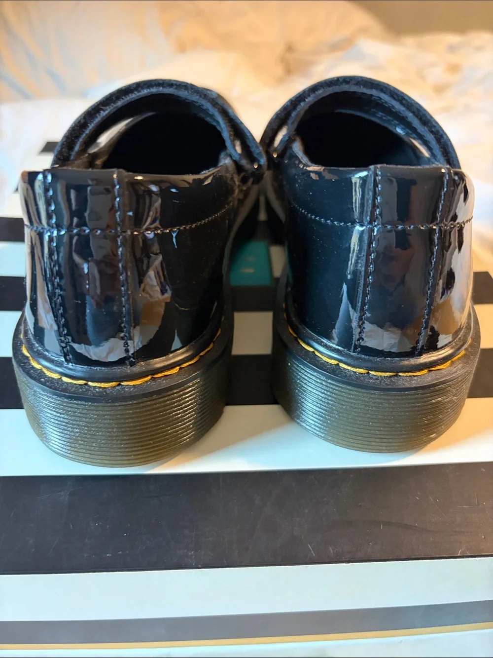 Dr. Martens Girls Black Patent Mary Jane Shoes with Yellow Stitching us 5